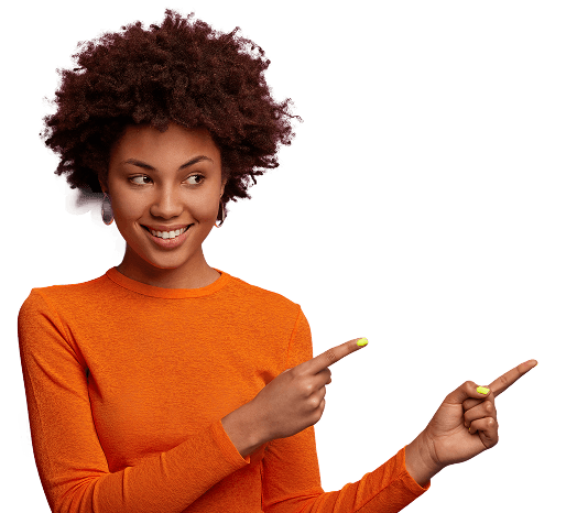 Happy woman pointing towards contact information